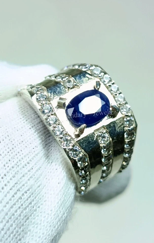 Natural Blue Sapphire Ring 925 Silver Plated Ring For Men's Engagement Ring - Image 1 of 4