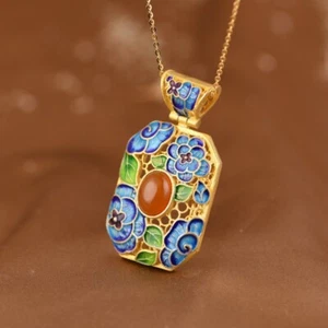 I05 Rimorchio Blu Fiori Gialli Calcedonio Argento Sterling 925 Placcato Oro - Foto 1 di 8