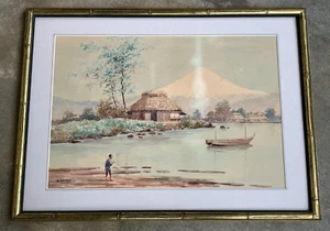 Japanese HASHIDATE SHISEN (1855- ) "Riverside with Mt. Fuji" Watercolor on Paper - Picture 1 of 16