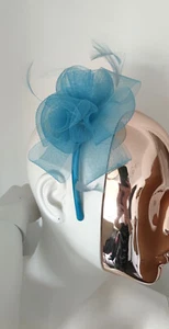 Ladies Teal Blue Headband Fascinator With Mesh Roses & Feathers - Picture 1 of 8