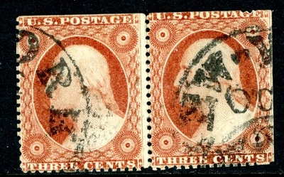 USA 1857 Washington 3¢ Dull Red Scott #26 Pair VFU O647 - Image 1 of 4