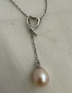 Sterling Open heart Lariat Pearl Necklace 17” 925 - Picture 1 of 2