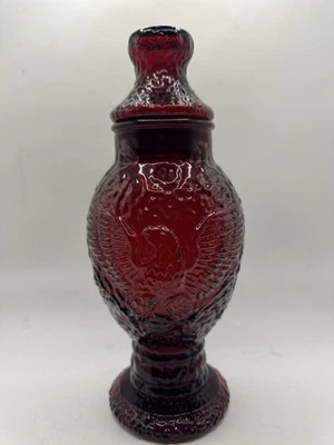 Vintage Ruby Red Glass Apothecary Jar Lidded Candy Dish Eagle Motif 10” - Image 1 of 4
