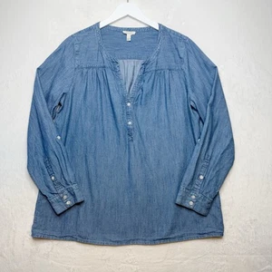 SOFT JOIE Henley Pop Over Blouse Cotton Lyocell Chambray Denim Roll Tab Slv Sz L - Picture 1 of 8