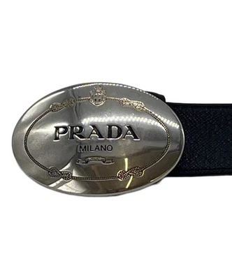 Cinturón de cuero para hombre PRADA 2CM046 negro plateado hebilla Italia usado moda Foto 1 de 4