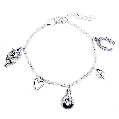 Bracciale PORTAFORTUNA con charms Argento Quadrifoglio Cuore braccialetto donna - Immagine 1 di 2