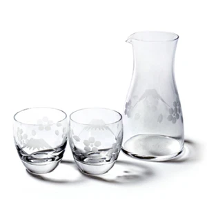 Edo Kiriko Sake Starter Kit Tokkuri & 2 Cups Fuji & Sakura Design Made in Japan - Picture 1 of 6