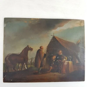 Antique Small Oil Painting On Metal Of A Military Scene With Horses - Picture 1 of 10