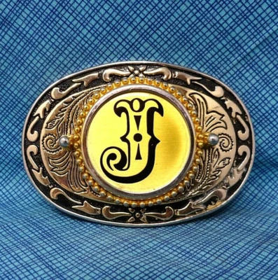 Пряжка для ремня J вестерн инициал J монограмма цветочный свиток винтаж 80-е США .CPA244 - Изображение 1 из 4