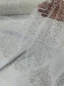 Beaded Sequins Pearl Fabric - Clear - Embroidered Pearl Sequins Fabric By Yard - Picture 1 of 5