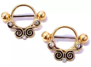 Nipple Shields-PAIR-Swirls w/Clear Gem 14 Gauge 9/16" Gold IP Barbell - Picture 1 of 4
