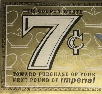 Cupón de 7 centavos de margarina imperial vintage de los años 50 dorado sin fecha de caducidad Foto 1 de 3