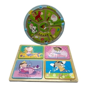 Children’s Wooden Puzzle Lot of 2 Large Pieces and Interactive Early Learning - Picture 1 of 6