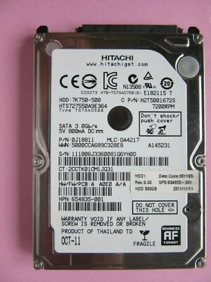 Hitachi HTS727550A9E364 500GB 2.5" SATA HDD 7K750-500 2011 0J18811 DA4217 - Image 1 of 4