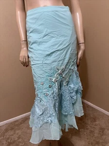 Women’s Turquoise Cotton Casual Asymmetric Beads Fringe Lace Zipper Size M Skirt - Picture 1 of 22