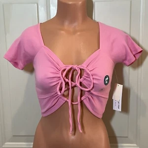 Aeropostale, talla SM, manga corta, rosa, tejido acanalado, top recortado, corbata delantera. NUEVO - Imagen 1 de 13