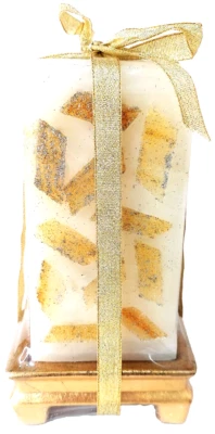 NEW Candle w/ gold base, wrapped & gold ribbon, tall rectangular, sealed  - Image 1 of 4