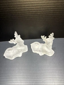 Set of 2 Frosted Glass Reindeer Taper Candle Holders; Deer - Picture 1 of 10