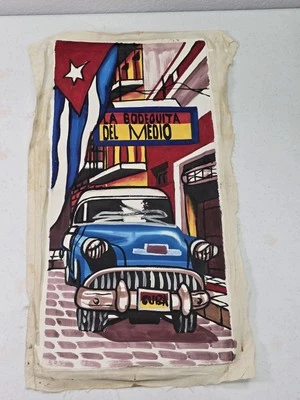 Original Cuban Canvas Painting “La Bodeguita & Classic Car” Acrylic Art 22"x10.5 - Image 1 of 4