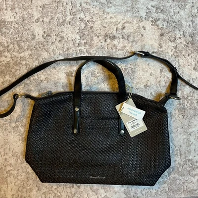Tommy Bahama Granadine Conv. Cartera negra con ribete de cuero pintado a mano nueva con etiquetas Foto 1 de 4