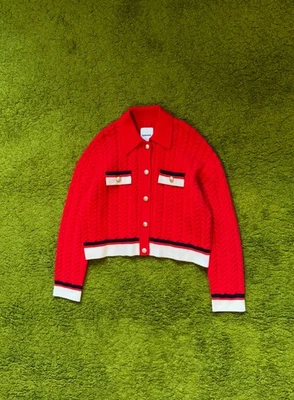 Sandro oldmoney style 100% wool cable knit cardigan sweater womens size 3 red - Image 1 of 4
