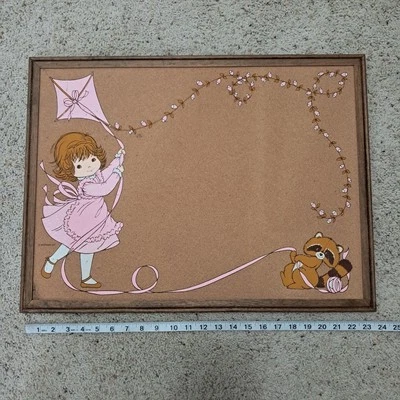 Vtg. 1970 Cork/ Bulletin Board Girl Raccoon Kite Wall Art 24x18 Decor Morgan Inc - Image 1 of 4