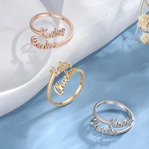 Stainless Steel Adjustable Jewelry for Women Double Name Open Ring Silver Gifts - Picture 1 of 16
