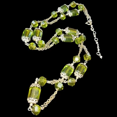 Vintage Style Necklace Bottle Green Faceted Beads Ornate Aged Metal Statement Je - Image 1 of 4