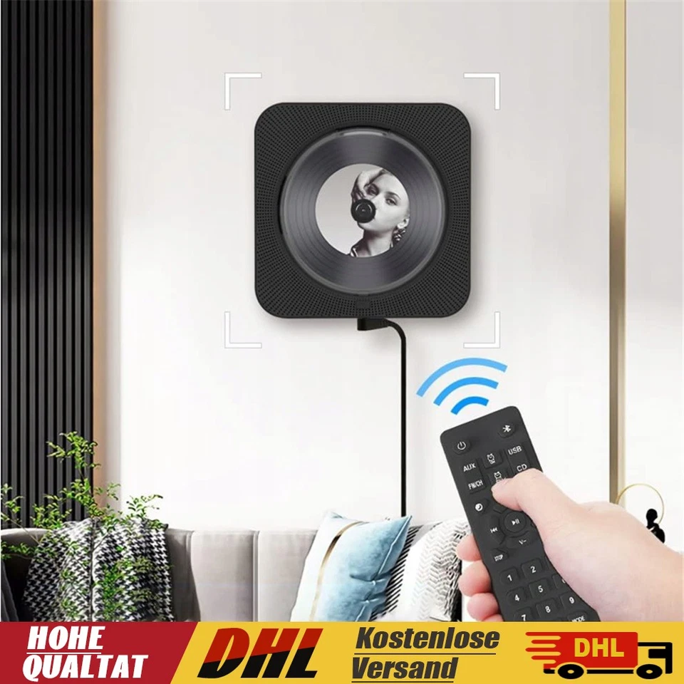 CD-Player mit Bluetooth, FM-Radio, USB, LED-Anzeige, Wandhalterung, Schwarz - Bild 1 von 4