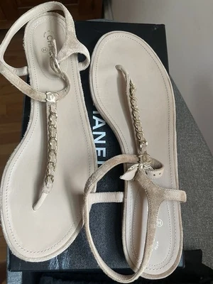 Chanel CC Logo  Size 42/ 12 THONG Sandals Suede, Beige Color, 2 Dust Bags & Box - Image 1 of 4