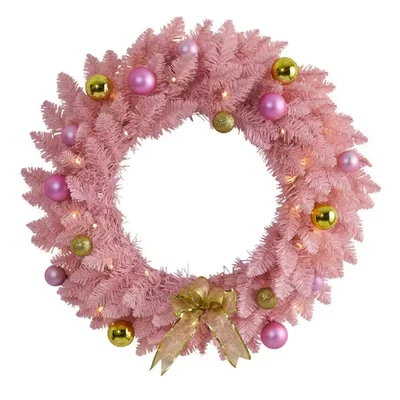 24 In. Pink Pre-Lit Artificial Christmas Wreath with 35 LED Lights and Ornaments - Image 1 of 4