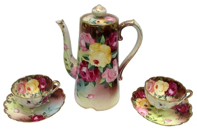 Antique Royal Nippon KINRAN Teapot Set 2 Footed Teacups Saucers Tri Color Roses - Image 1 of 4