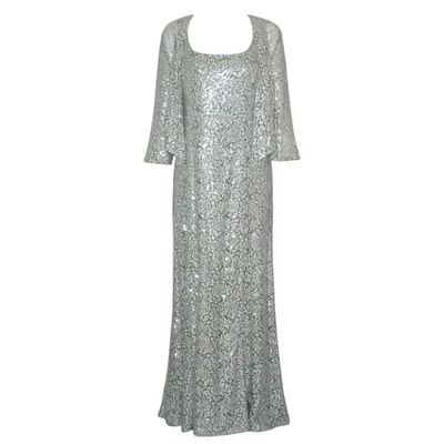 Talla 14 Vintage Alex Evenings Plateado Lentejuelas Encaje Verde Maxi Vestido Chaqueta Vestido Conjunto Foto 1 de 4