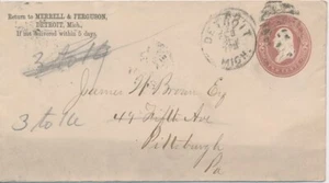 2/3/1887 #U277a 2c Washington Postal envelope Detroit Michigan to Pittsburgh PA - Picture 1 of 2