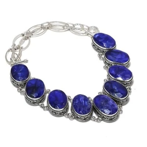 Faceted Blue Sapphire Gemstone Gift 925 Sterling Silver Vintage Necklace 18" h09 - Picture 1 of 6