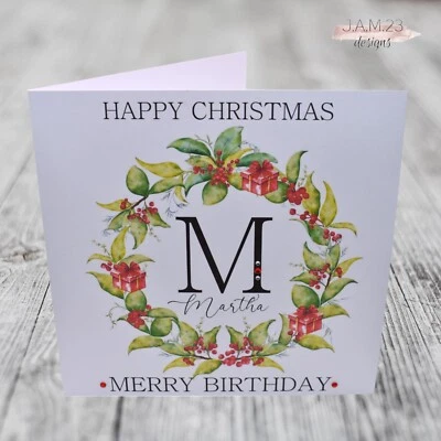 J.A.M. 23 DESIGNS Personalised Christmas Birthday Card Happy Christmas Merry Birthday December
