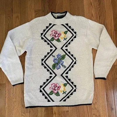 Suéter Pullover De Colección Cottagecore Años 80 LIZ WEAR TALLA M Marfil Bordado Floral Foto 1 de 4