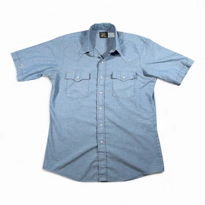 Vintage Saddle King Western Shirt Adult LARGE Blue Chambray Key Cowboy Work 90s - Image 1 of 4