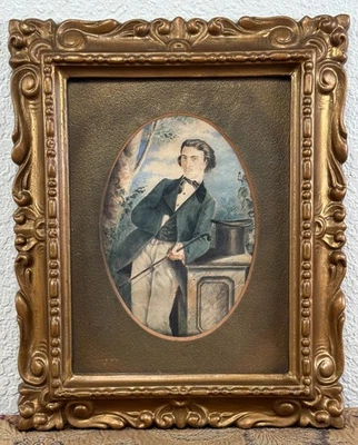 Antigua miniatura retrato pintura siglo XIX joven sombrero bastón francés alemán Foto 1 de 4