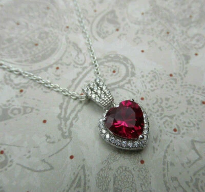 14K White Gold Over 2 Ct Heart Cut Red Ruby Simulated Diamond Halo Pendant Chain - Image 1 of 4