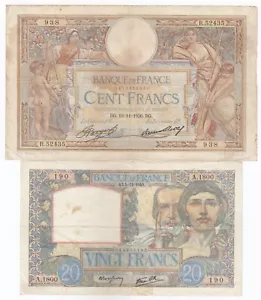 France, 100f-1936, 20f-1940, Francs, Set of 2, France Banknote - Picture 1 of 2