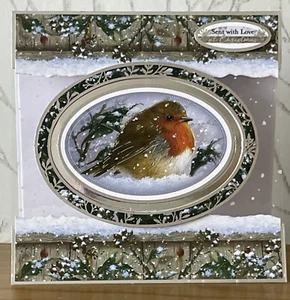 Handmade 7"x7" Winter Robin Themed Christmas Card "Sent with Love at Christmas" - Picture 1 of 4