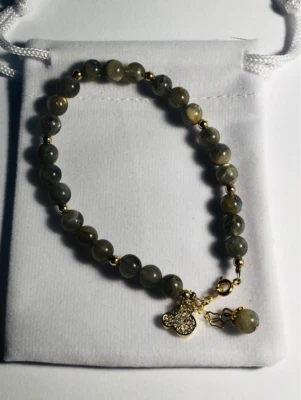 Labradorite Beaded Bracelet With Sparkly Mickey Charm Dangle In Velvet Gift Bag - Image 1 of 4