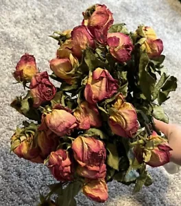 🥀GENUINE DRIED Red Roses Real PRESERVED Flowers 24 Pc Bouquet With Stems - Picture 1 of 5