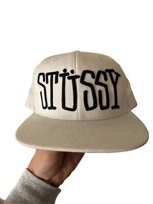Vintage RARE Stussy Logo Embroidered Big Logo Snapback Spellout White Black Hat - Image 1 of 4