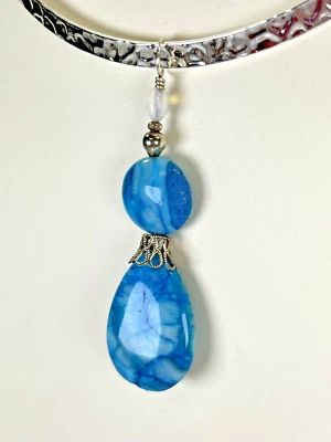 Handmade Crazy Lace Blue Agate (dyed),  on Hammered Silver Plated Neck wire - Image 1 of 4