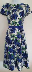 Womens Louche Blue White Floral Bow Detail Vintage Style Fit And Flare Dress 8. - Picture 1 of 9