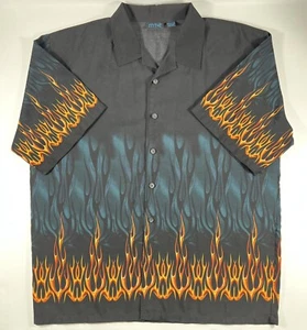 MT:2 Button Up Shirt Mens XXXL Black Blue Orange Flames Y2K Polyester Vintage 3X - Picture 1 of 8