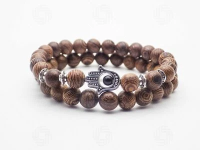 Pulsera Hamsa/Hamza Sándalo Madera Reiki Cuentas Curativas Mano de Fátima EE. UU. Foto 1 de 4