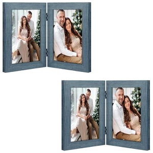Marco de fotos doble 5x7 bisagras 2 fotos collage marco de escritorio vidrio azul paquete de 2 - Imagen 1 de 9